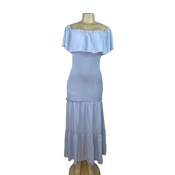 Prettygarden Off-Shoulder Light Blue Maxi Dress With Smocked Bodice Size L - New - Picture 1 of 9